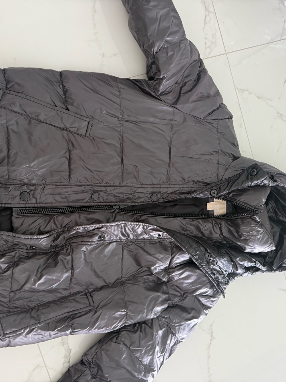 Michael Kors Shiny Quilted Hooded Puffer Jacket - Charcoal Gray